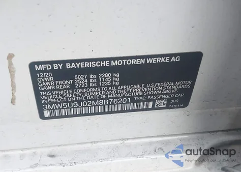 2021 BMW 3 Series M340I xDrive z USA, uszkodzony, nr VIN 3MW5U9J02M8B76201